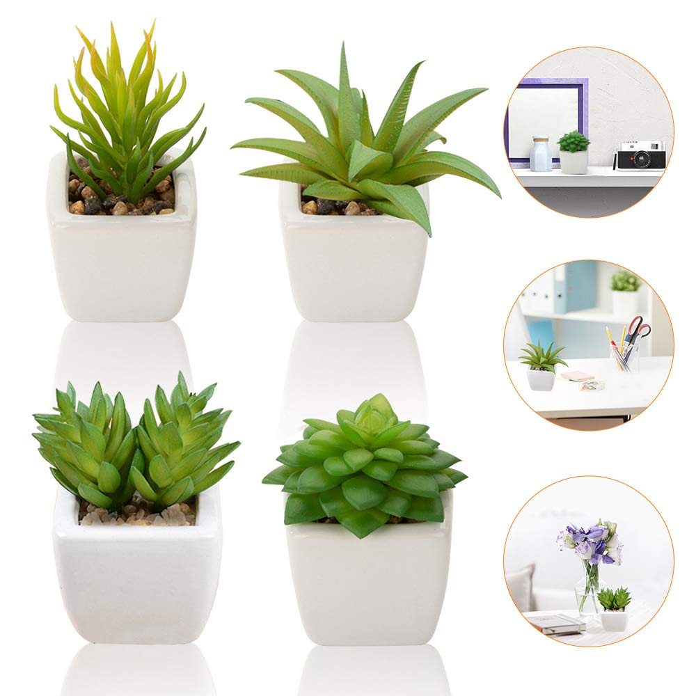 Artificial Succulent Plants, Set of 4 Small Fake Plants Mini Potted Succulent Plants with White Ceramic Pots, Decorative Fuax Plant for Home House Table Balcony Office indoor Outdoor Decor Accessories