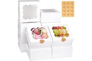 WINKIO 12 Pieces Cookie Boxes with Window, 6×6×3 Inches Treat Boxes for Bakery Dessert Pastry Mini Cake Favor Donut Baked Goods (White, with Stickers)