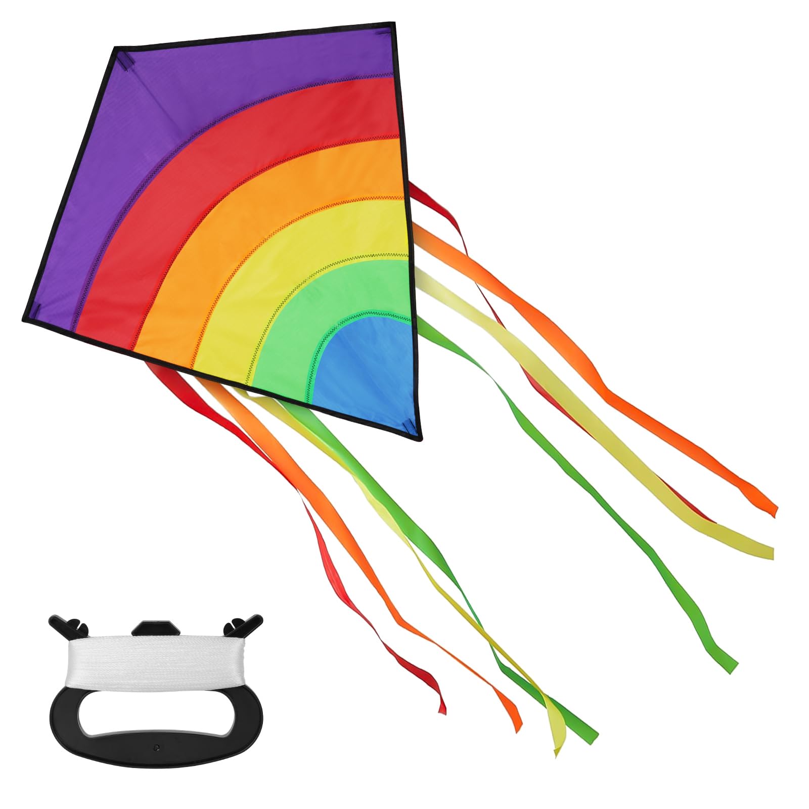 Aomig Stunt Kite for Kids and Adults, 65 x 75 cm, Rainbow, Easy to Fly, Diamond Shape for Beginners with 80 m Rope, 150 m, Tail, Rainbow Monofilament for Outdoor Activities