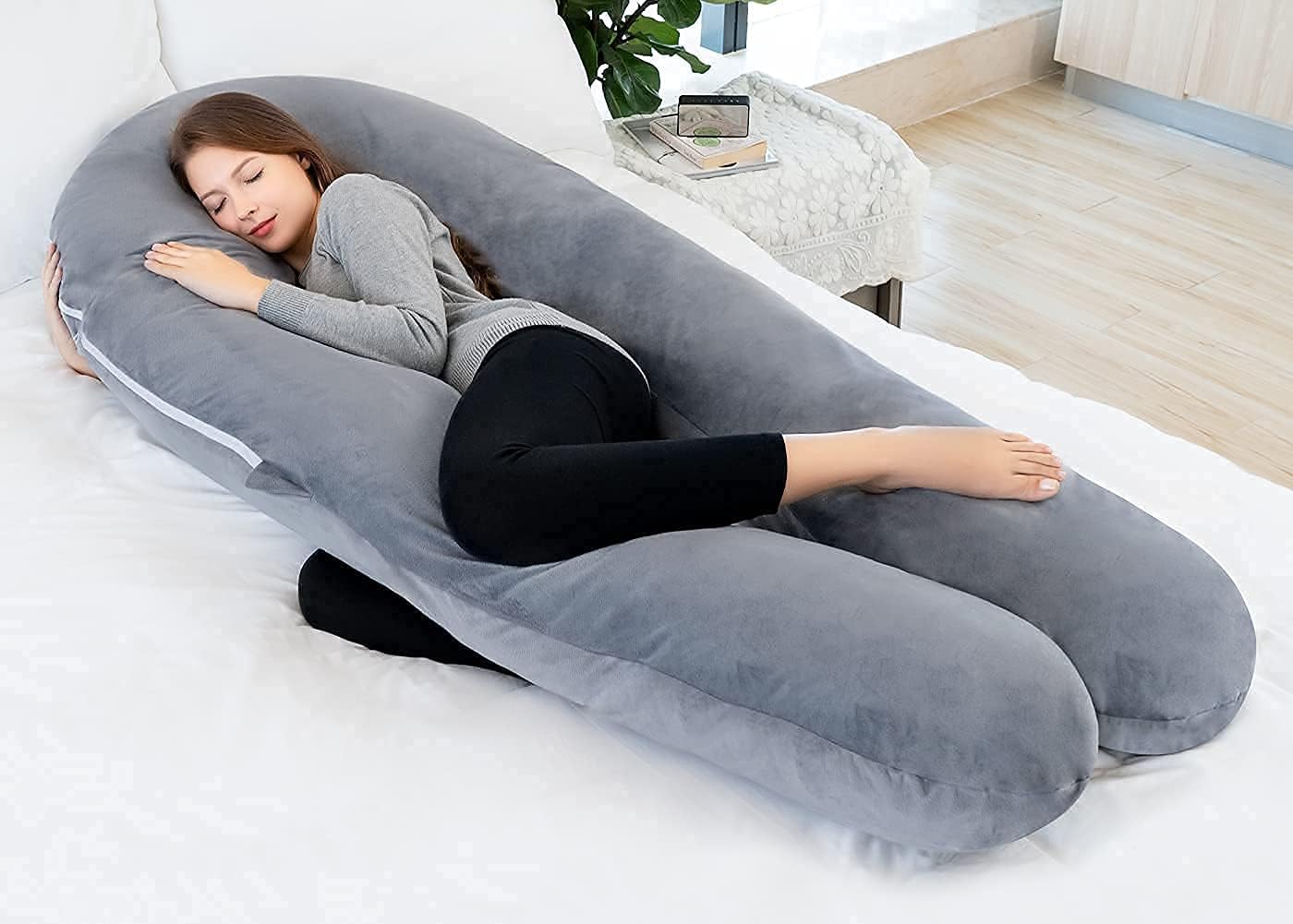 Marine Moon Pregnancy Pillow,Maternity Body Pillow U Shaped,Luxury Body Pillow for Pregnant Women Back Pain with Soft Velvet Cover,Jumbo Size 65" Long,Grey: Home & Kitchen