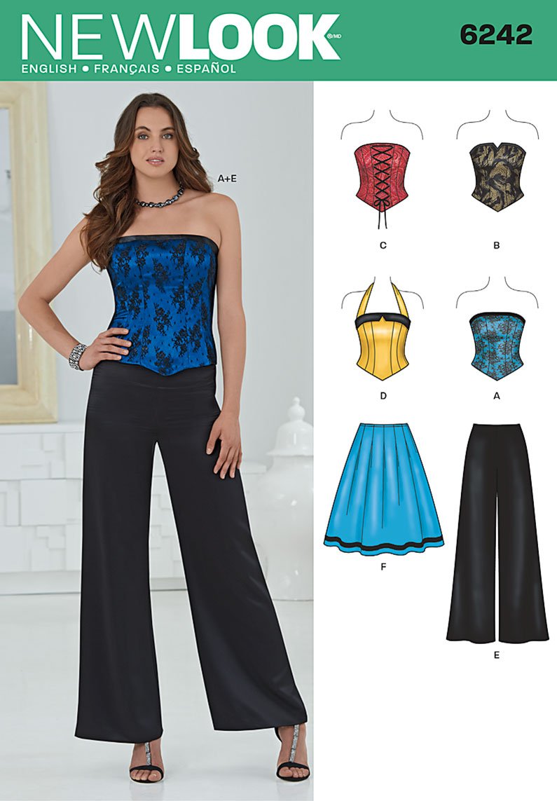 Simplicity New Look Sewing Pattern 6242: Misses' Corset Top, Pants and Skirt, Size A (4-6-8-10-12-14-16), Paper, White, 32-44