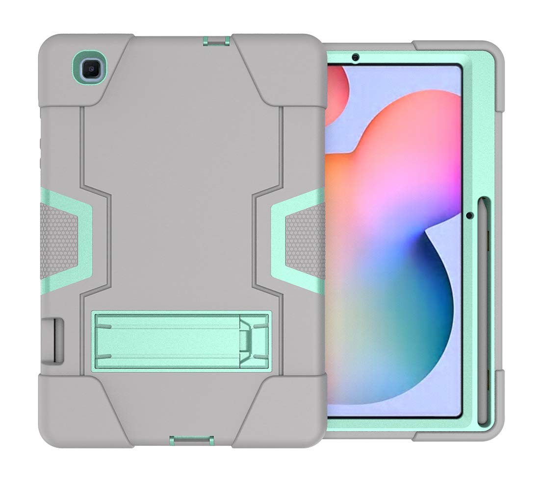 Bspring Case for Samsung Galaxy Tab S6 Lite 10.4inch 2020(SM-P610/P615), Full-Body Heavy Duty Hybrid Cover, Kickstand Rugged Stand Cover Case，Grey+Aqua