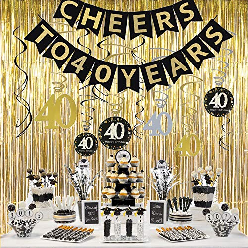 40th Birthday Party Decorations KIT - Cheers to 40 Years Banner, Sparkling Celebration 40 Hanging Swirls,Gold Foil Fringe Curtain, Perfect 40 Years Old Party Supplies 40th Anniversary Decorations - Thumbnail 5