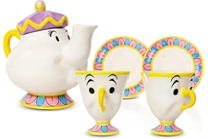 Ukonic Disney Beauty and the Beast Sculpted Mrs. Potts Teapot With 2 Chip Cups and Saucers Replica | Tea Party Set For Coffee, Espresso