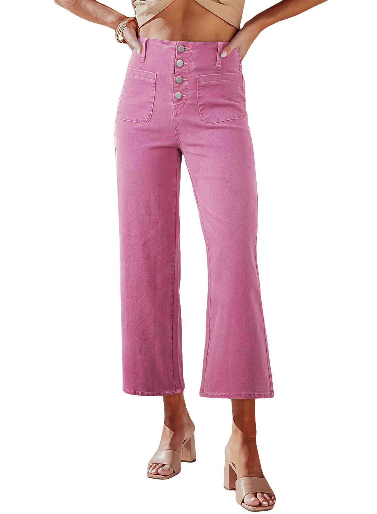 Photo 1 of Sidefeel Women's Wide Leg Jeans High Waisted Stretchy Straight Leg Jeans Buttoned Loose Denim Pants with Pocket Pink Size 4