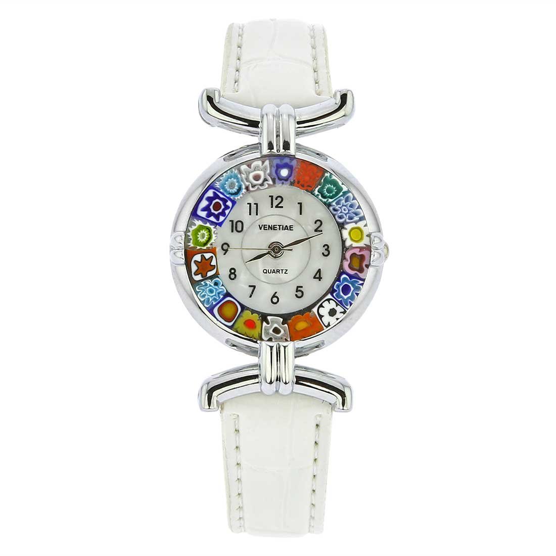 Glass Of Venice Murano Glass Millefiori Watch with Leather Band - White