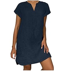 Women's Summer Cotton Linen Dress Loose V-Neck