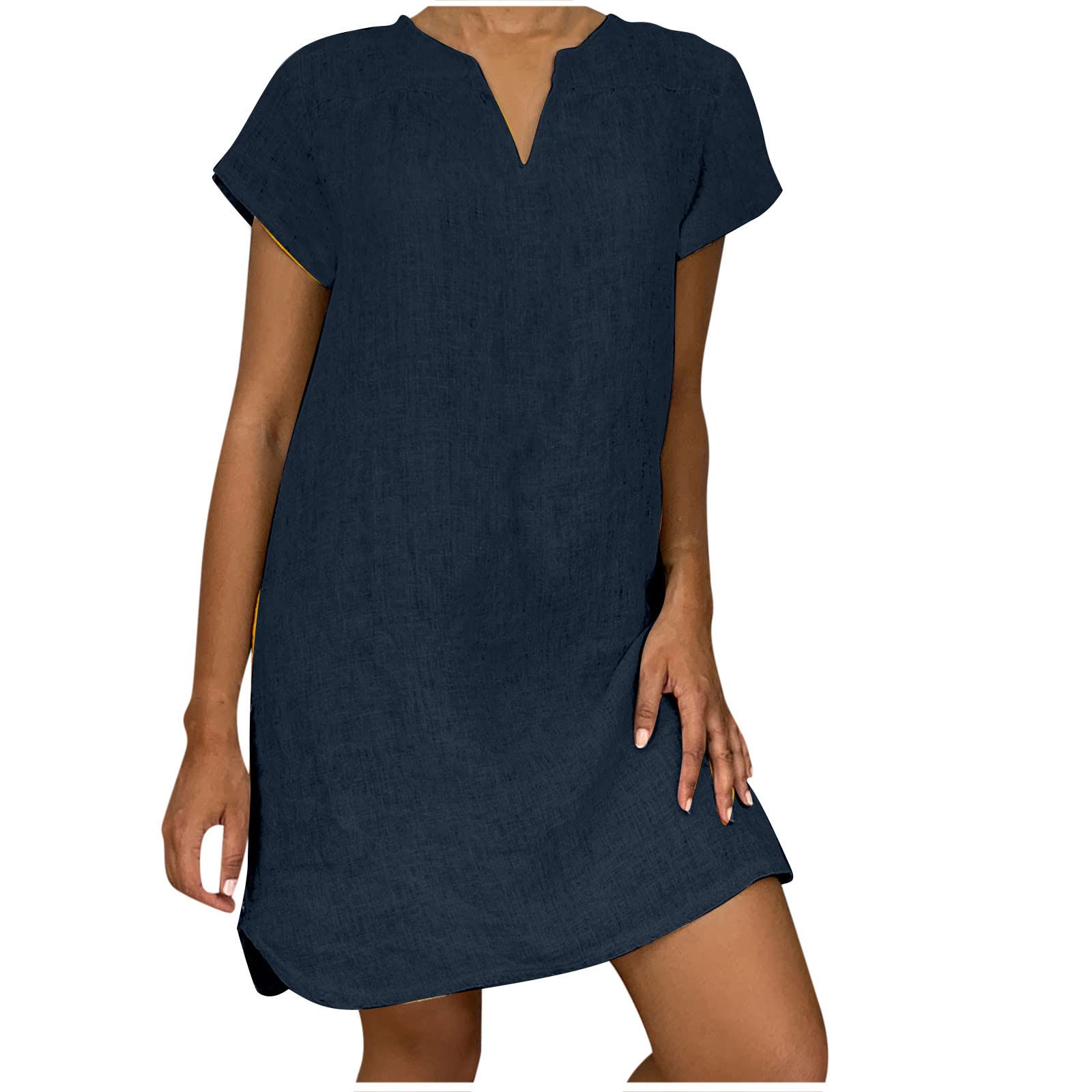 Women's Summer Cotton Linen Dress Loose V-Neck