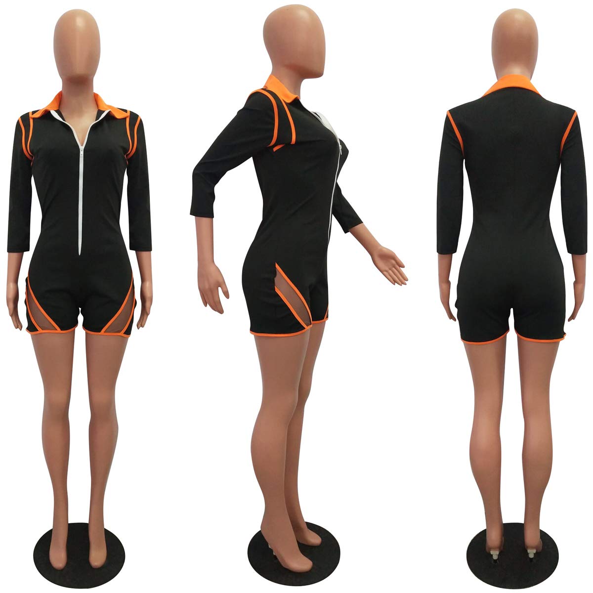 ThusFar Women\'s Sexy One Piece Outfits - Mesh Patchwork Zip Up Striped Long Sleeve Bodycon Romper Jumpsuits Medium Orange