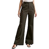 winkbay Women's Casual Mid Waisted Pants Wide Leg Back Slit Pants Button Down Trousers Office Wear