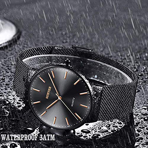 Mens Watches Steel Waterproof Quartz - SUNVEN Super Thin Slim Big Case 47mm for European Size Stainless Steel Strap Analog Gift Adjust Bracelet Tool (47, Black)