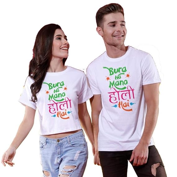 Bura Na Mano Holi Couple Printed Cotton T-Shirt and Crop Top for Men and Women