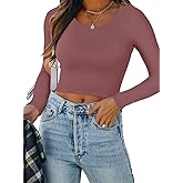 REORIA Women's Basic Casual Long Sleeve Crew Neck Double Lined Tight T Shirts Crop Tops Basic Tee Tops