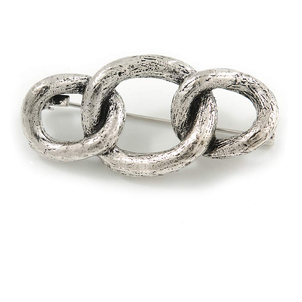 Vintage Inspired Triple Chain Link Brooch In Aged Silver Tone Metal - 45mm Across