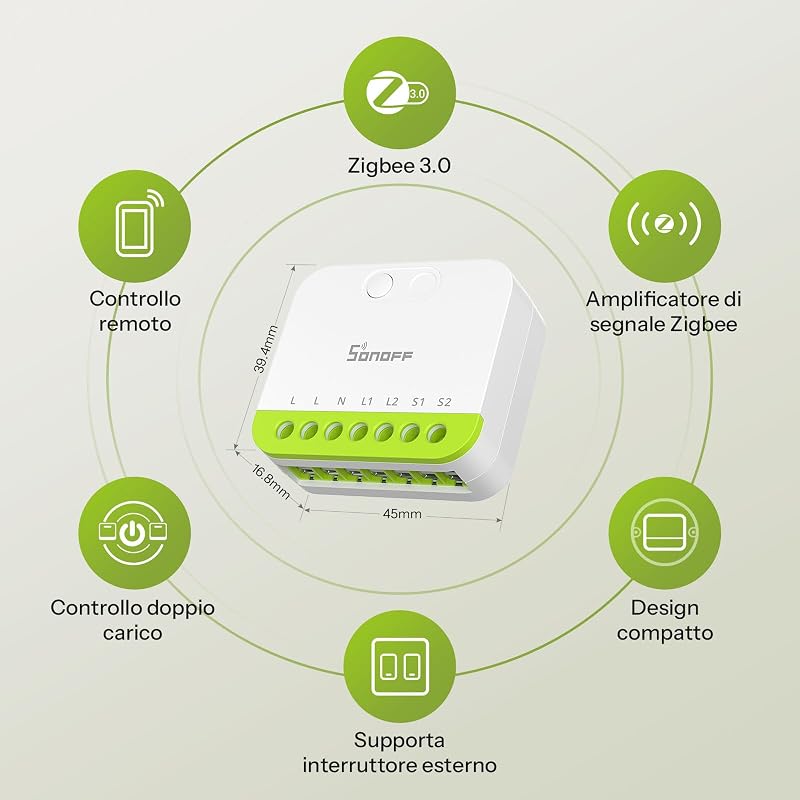 Mini Duo - Interruttore intelligente Zigbee a 2 canali Zigbee 3.0, carico totale 16 A, controllo remoto tramite hub Zigbee, conduttore neutro necessario, compatibile con Alexa/Google