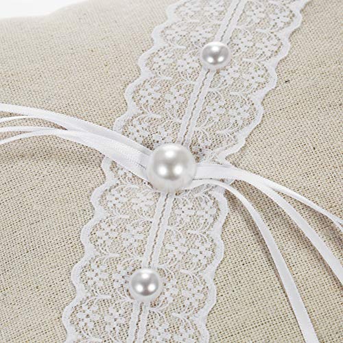BERTERI 5pcs/Set Vintage Burlap Flower Girl Basket Ring Bearer Pillow Guest Book Pen Holder Bride Garter Wedding Supplies Set with Lace Faux Pearls Design