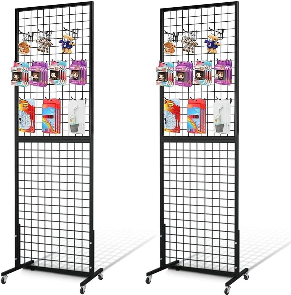 GridWall Display Stand With Wheels - 8 Panels, 10 Hooks, Black, Mobile Display Rack For Craft Shows & Retail