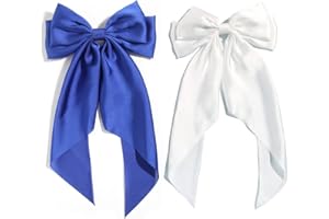 Furling Pompoms Hair Bows for Girls, 2pcs Big Hair Bow with long Tail French Barrette, Royal Blue Hair Bow White Bow, Hair Ribbon Hair Accessories Cute Gifts for Women Girls