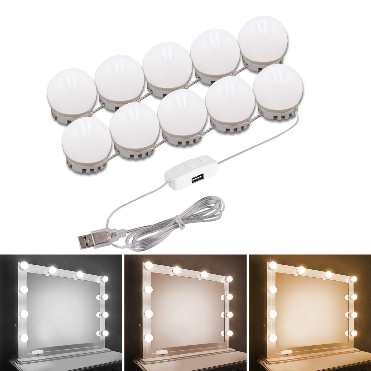 Pretmess Hollywood Style Vanity Mirror Lights Kit, Adjustable Color and Brightness with 10 LED Light Bulbs, Lighting Fixture Strip for Makeup Vanity Table Set in Dressing Room (Mirror Not Include)