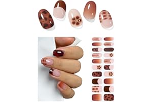 AutyaMee Semi Cured Gel Nail Strips (Brown Flower French), 20 Pcs Fall Gel Nail Wraps, Stickers, UV Light Required, Salon Quality, Long Lasting