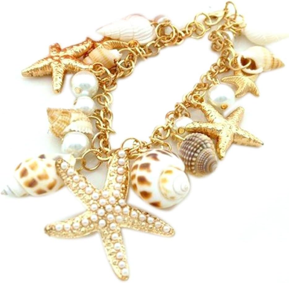 Challyhope Clearance! Vintage Bohemian Ocean Sea Shell Starfish Faux Pearl Bracelets Bangles Pendant Jewelry Beach for Women