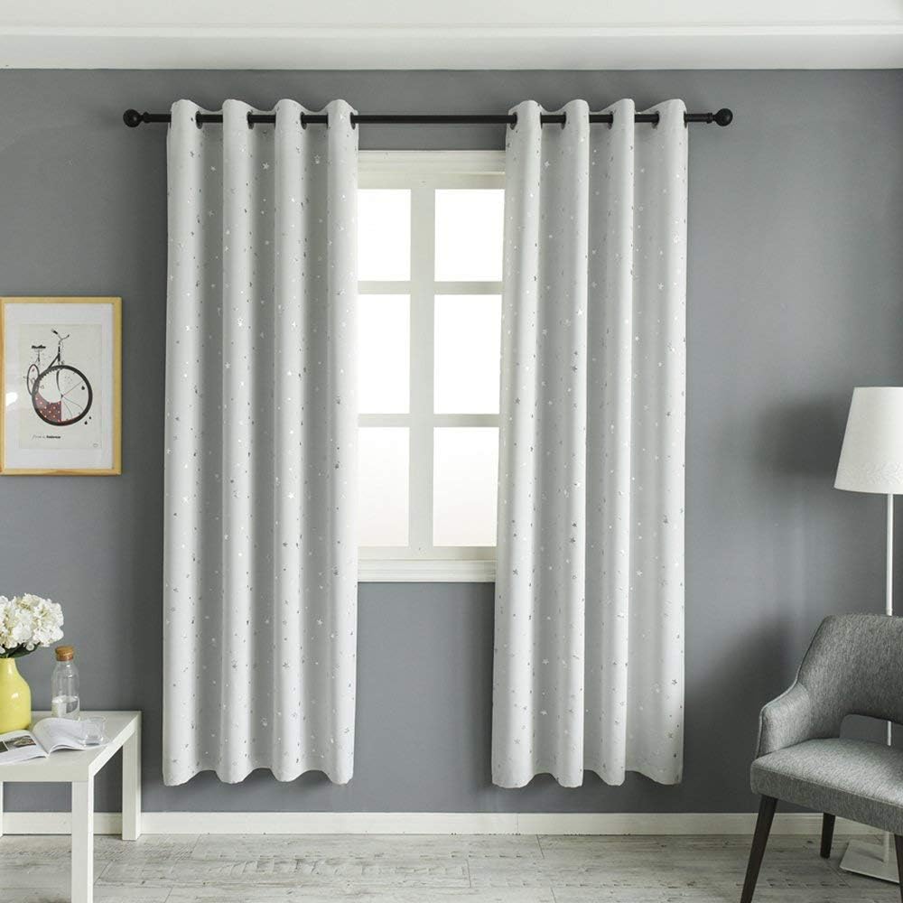 MANGATA CASA Star Blackout Curtains for Bedroom- Cute Window Curtain Panels with Grommet for Kids Room-Drapes for Nursey Living Room 63 Inch Length 2 Panels (Greyish White,52x63in)