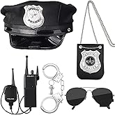 Police Costume Accessories Adult Women Men, Adjustable Cop Hat, Handcuffs, Sunglasses, Badge Set, for Halloween Theme Party