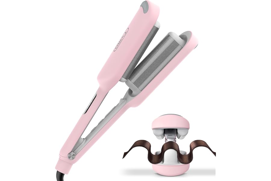 Curling Iron Hair Crimper Waver – TYMO ROVY Beach Waves Curling Wand, Ionic Deep Waver Hair Curler Tool with Ceramic 3 Barrel for Women, Dual Voltage, Anti-Scald, Easy to Use, Pink, 1.25 Inch
