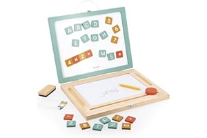 Janod - 4-in-1 Board - Magnetic Slate - 40 Accessories Included - 4 Activities for Children - Compact and Easy to Carry - Woo