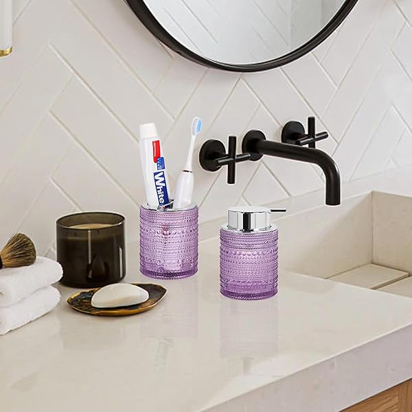 TONXUS BATHROOM ACCESSORY SETS,GLASS TOOTHBRUSH HOLDER AND SOAP DISPENSER FOR BATHROOMS,FOAMING HAND SOAP DISPENSER,TOOTHBRUSH AND TOOTHPASTE CUP HOLDER,CLEAR SOAP AND TOOTHBRUSH HOLDER SET (PURPLE)