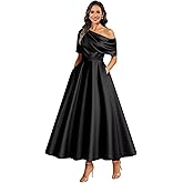 Lvminweaz One Shoulder Satin Mother of The Bride Dresses for Women Wedding Tea Length Long Formal Evening Gowns with Pockets