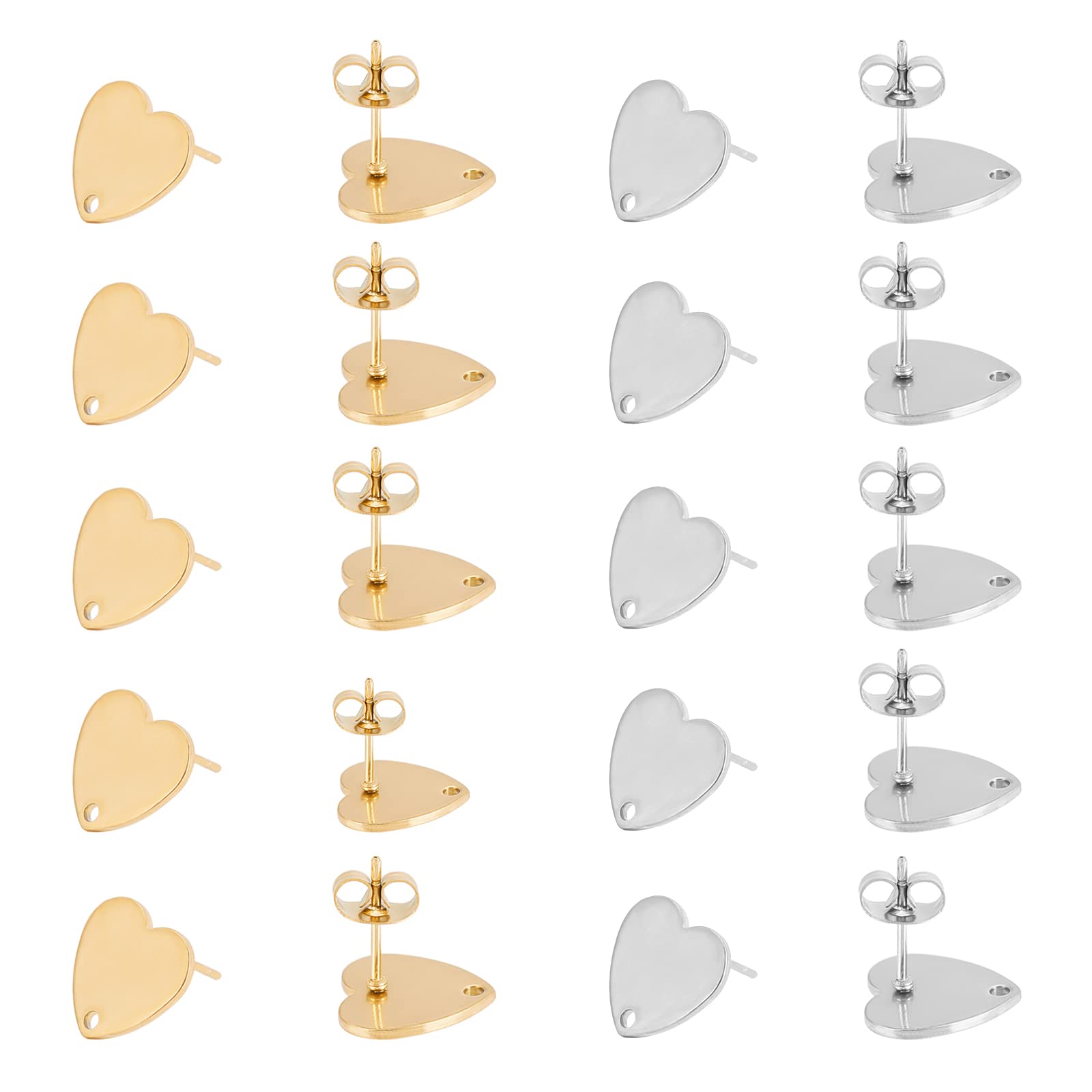 UNICRAFTALE 20pcs 2 Colors Heart Shape Stud Earring Findings 304 Stainless Steel Ear Studs with Ear Nuts and Hole Earring Components for DIY Jewelry Making