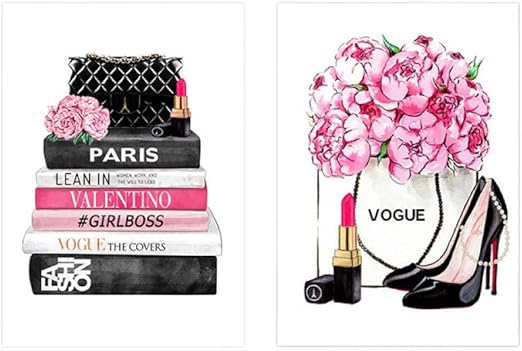 Amazon ファッション雑誌ポスター版画高かかとそして口紅流行壁アートパネル写真ピンク花キャンバス絵画インテリア女の子部屋家装飾50x70cmx2いいえフレーム ウォールステッカー オンライン通販