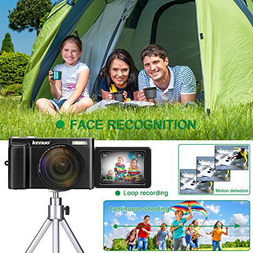 Digital Camera Vlogging Camera, KENUO FHD 1080p Video Camera with Wide Angle Lens MAX 24.0MP 3.0 Inch 180°Rotation Flip Screen 16X Digital Zoom Camera