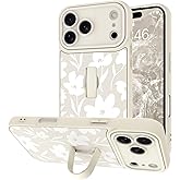 BF2JK for iPhone 17 Pro Max Case with Finger Hand Strap Kickstand, Cute Aesthetic Floral Flower Phone Case for Women Men, Full Camera Protection Shockproof Cover, White