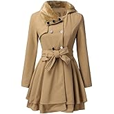 PLAZRU Double Breasted Faux Fur Collar Jacket Lapel Pea Coats for Women Winter Long Trench Coat with Belt Elegant Swing Coat