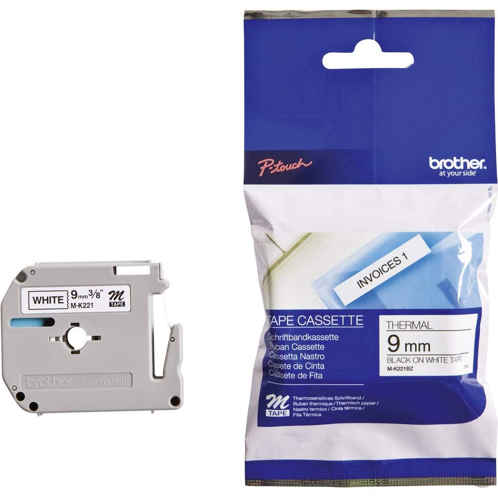 Brother M-K221BZ Labelling Tape Cassette, Black on White, 9 mm (W) x 8 m (L), Brother Genuine Supplies