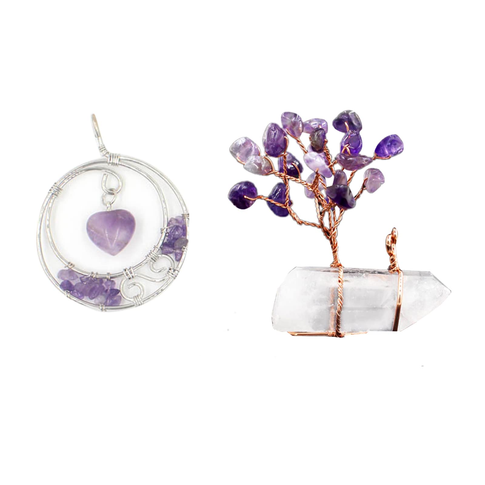 Healing Crystal Natural Amethyst Crushed Stone Tree of Life Gold Wire Wrapped White Crystal Ornament Love Amethyst Polished Stone Pendant Necklace Reiki Spiritual Meditation — image 1