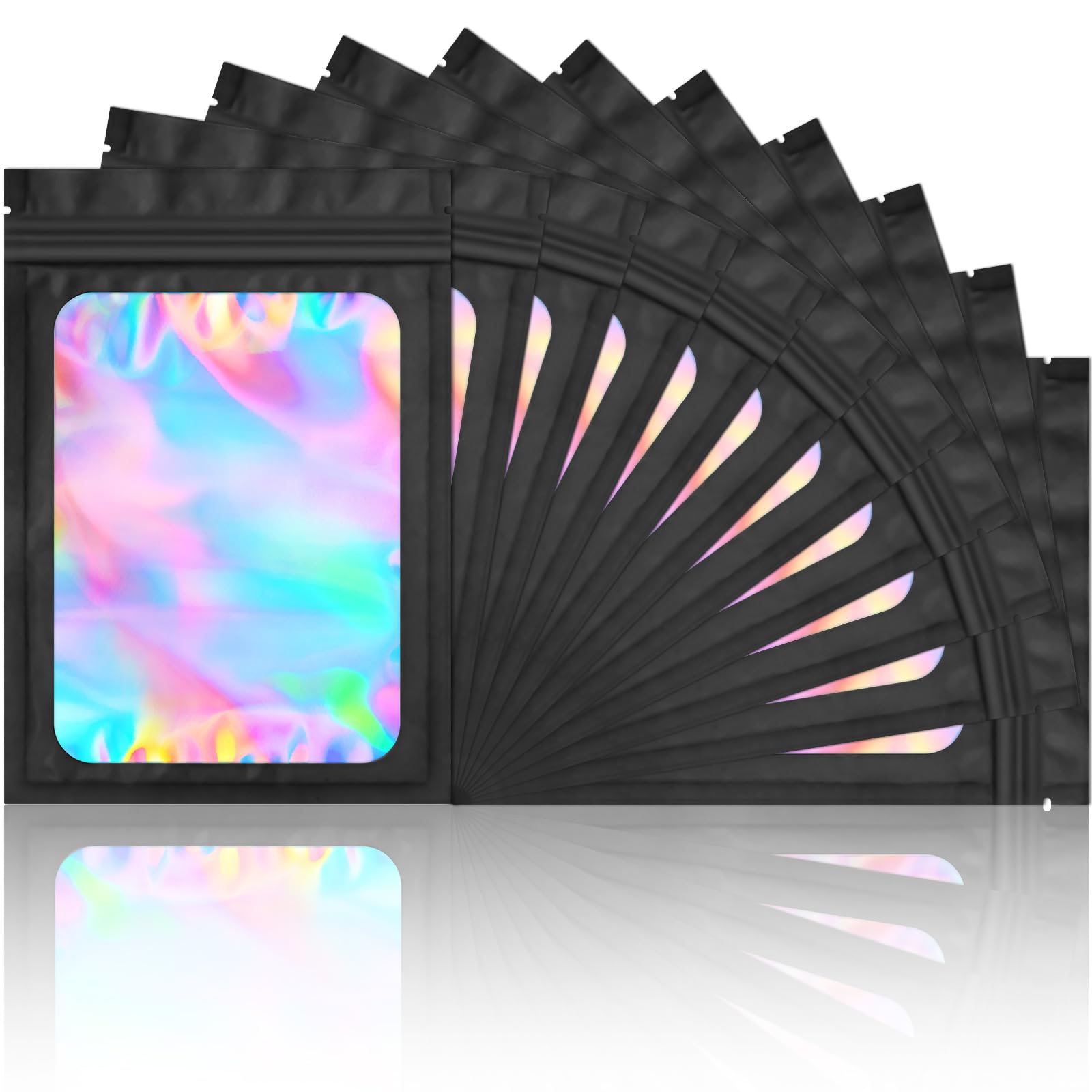 Photo 1 of 100 Pieces Smell Proof Mylar Bags- Resealable Holographic Packaging Pouch Bag with Clear Window for Food Storage Eyelash Jewelry Electronics Storage (Black, 6.3 x 9.4 Inch)