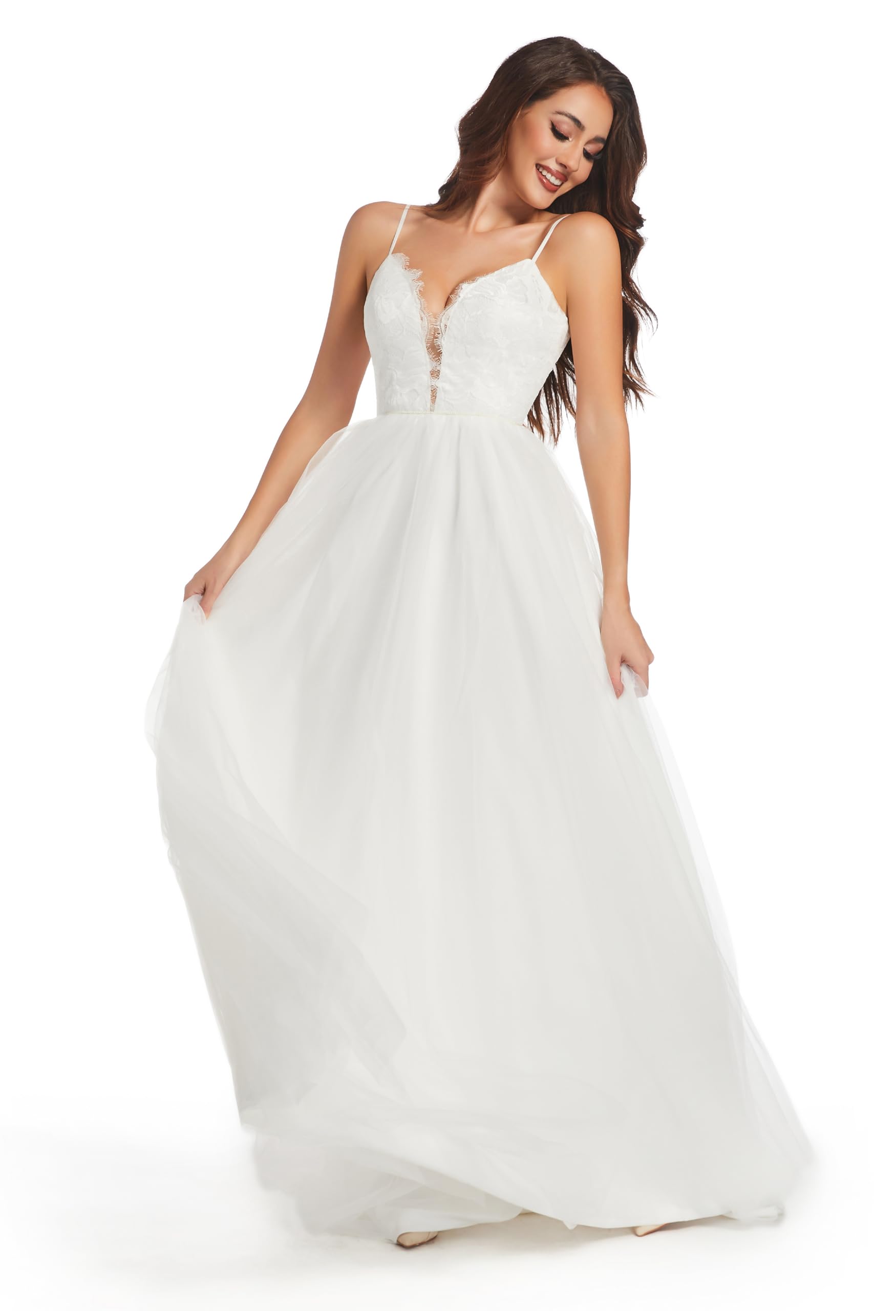 Photo 1 of Sorayan Wedding Dresses for Bride Unique Lace Beautiful Layers Tulle A Line Dreamy Beach Wedding Gowns (Large,White)