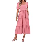 KIRUNDO Women Summer Dresses 2025 Spring Fashion Boho Puff Sleeve Square Neck Pocketed Loose Fit Tiered Flowy Maxi Dress