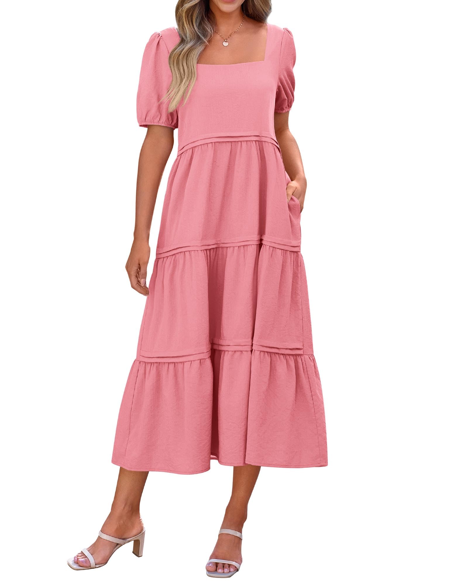 KIRUNDO Women Summer Dresses 2025 Spring Fashion Boho Puff Sleeve Square Neck Pocketed Loose Fit Tiered Flowy Maxi Dress(Pink, X-Large)