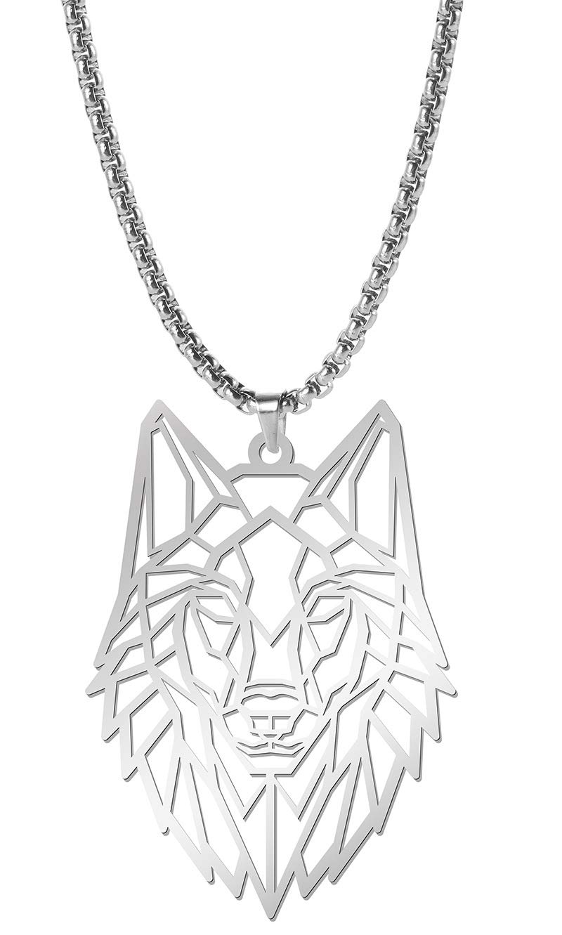QIAMNI 316L Stainless Steel Necklace for Men Women Wolf Hollow Pendant Charm Choker Personalised Necklace Clavicle Chain Adjustable 58 Length (Wolf)