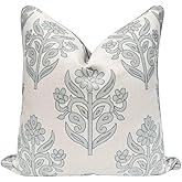 Jillien Harbor “The Naples” Floral Block Print Pillow Cover – Soft Grey and Off-White Decorative Throw Pillow Cover – Grandmi