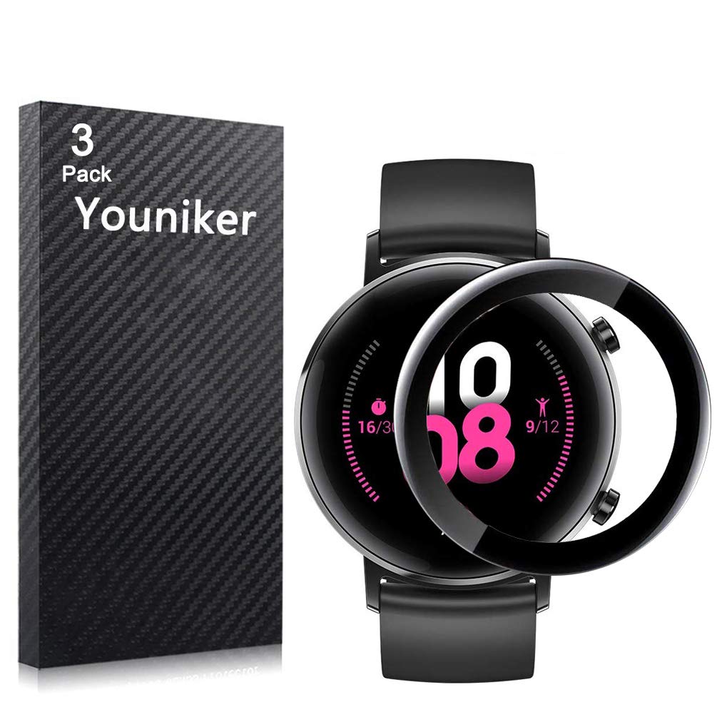 Youniker 3 Pack for Huawei Watch GT2 42mm Screen Protector Film for Huawei Watch GT 2 42mm Smartwatch Screen Protectors Foils 3D Full Coverage Screen Cover Anti-Scratch No Bubble