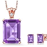 Gem Stone King 18K Rose Gold Plated Silver Purple Amethyst Pendant and Earrings Jewelry Set For Women (16.09 Cttw, Gemstone February Birthstone, Emerald Cut 18X13MM and 6X4MM, with 18 Inch Chain)