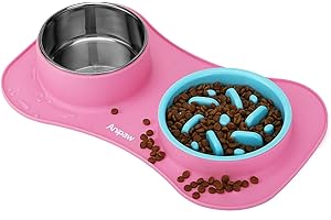 Anipaw Slow Feeder Dog Bowls 3 in 1 Stainless Steel Dog Food and Water Bowls with Non-Spill Non-Skid Silicone Mat to Slow Down Eating for Large Medium Small Breed Size Dogs and Cats