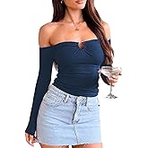 Long Sleeve Off Shoulder Fall Tops for Women Sexy Y2K Ruched Ruffle Cut Out Metal Button Slim Fitted T Shirt Crop Tops