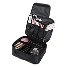Portable Makeup Train Case Travel Size Cosmetic Bag Organizer with Brush Holder Pockets and Removable Dividers for Makeup Artist by Joligrace (Black Velcro)