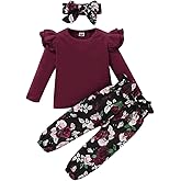 YALLET 3Pcs Toddler Girl Clothes Solid Color Long Sleeves Ruffle Top+Floral Pants+Headband 1-6 Years Fall/Winter Outfits Set